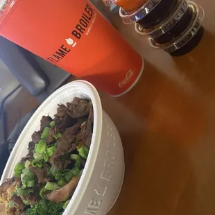Half and half bowl with veggies and a drink