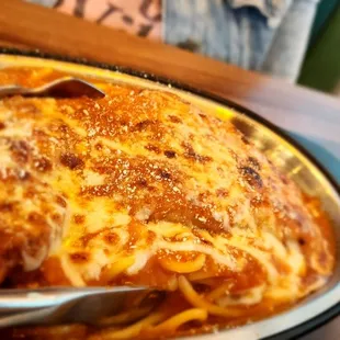 Baked Braised pork spaghetti w/tomato sauce.