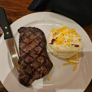 Ny strip with loaded mashed potatoes