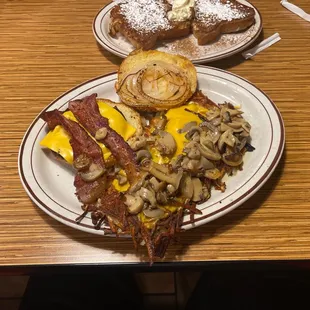 Bacon Cheese Flame and Hash Browns with cheese and mushrooms.