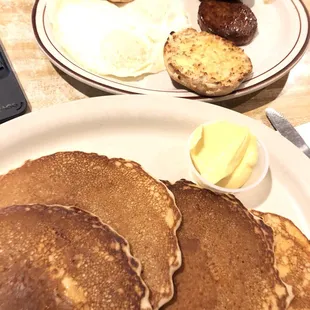 Breakfast, 4 cakes, 2 eggs, 2 sausage patties, and an English muffin.  Served fresh 24 hours a day!
