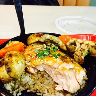 Salmon, mushrooms, with brown rice. One of my new favorite spots.