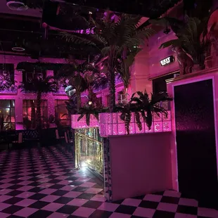 a checkered floor and neon lights