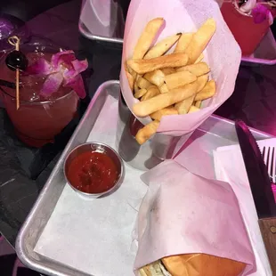 Burger and fries &amp; Blue Heaven drink? Maybe