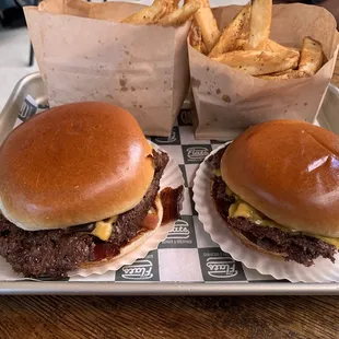 Double burger with bacon and fries.