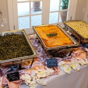 Buffet Setup : Mac , Greens, Mashed Potatoes
