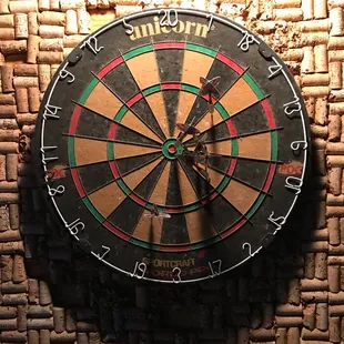 a dart in the center of a dart board