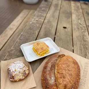 Chocolate Almond Croissant, Egg and Cheese Sandwich and Sourdough Bread