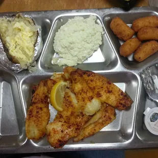 Broiled flounder,  hush puppies,  baked potato,  coleslaw