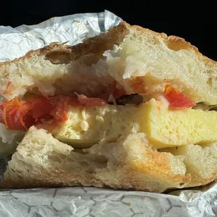 Egg sandwich with added tomato--the bread is heavenly!