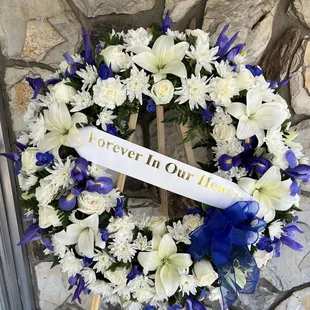 Blue &amp; White Wreath With Custom Banner