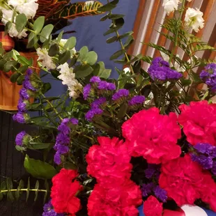 Close up of purple filler in place of blue flowers