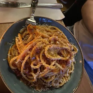 Bucatini and meatballs