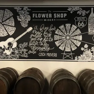  blackboard with wine barrels