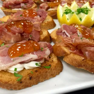 Goat Cheese, Prosciutto Crostini with Apricot Preserves