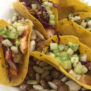 Salmon Tacos with Red Cabbage Dill Slaw