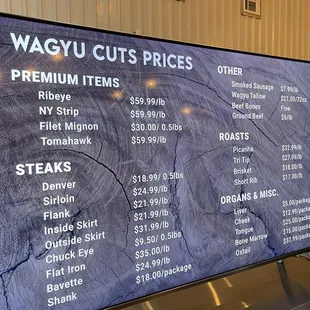 Prices for your meat cuts and other items for sale