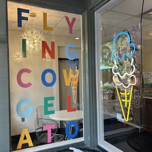 an ice cream cone in the window