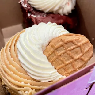 Red Velvet Elvis cupcake and Fluffernutter cupcake