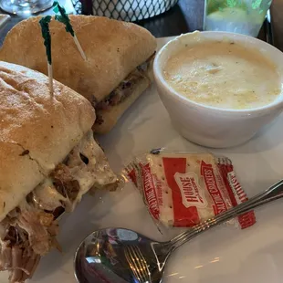 Pulled pork sandwich and clam chowder