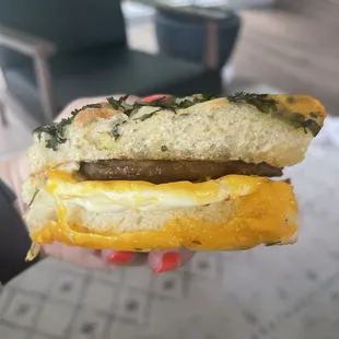 Breakfast Sammy. Sausage with garlic aoili on focaccia