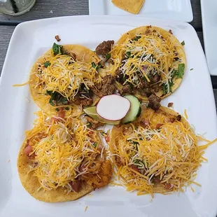 Tacos, top left alpastor, top right, steak, lower left shrimp and bottom right fish.