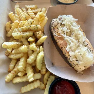 Bratwurst and fries. Great bun too and so much food.  Very good!