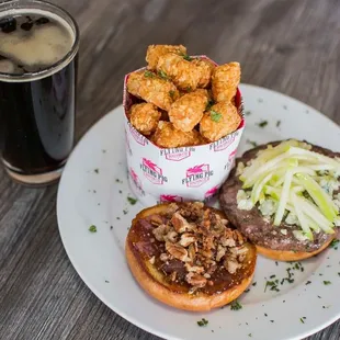 a plate of food and a drink