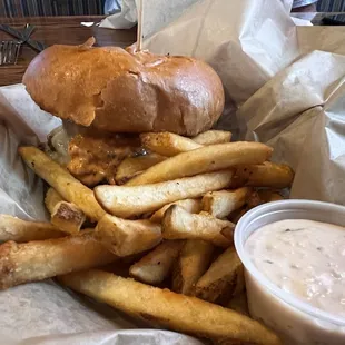 1/2 Double Wide burger &amp; 1/2 order of fries with extra sauce on the side!