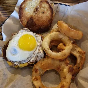 The Flying Pig Burger with Onion Rings