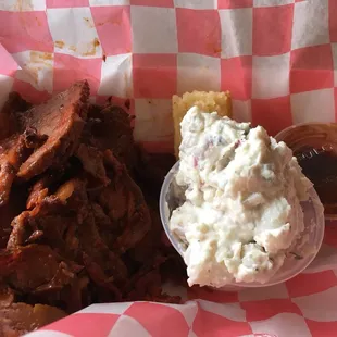 Brisket potato salad combo plate. $10