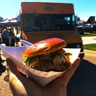 Left Coast Sandwich -  Grilled Tri Tip tossed in Chimichurri, Rosemary Garlic Potato Cream, Arugula &amp; Fried Onions.