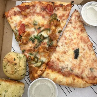 Firebird pizza &amp; the classic pizza along with two garlic knots and sides of ranch!