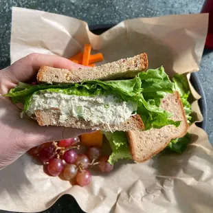 Tarragon Almond Chicken Salad Sandwich (DF) on Gluten Free (GF) Bread + side of seasonal fruit &amp; pickled carrots