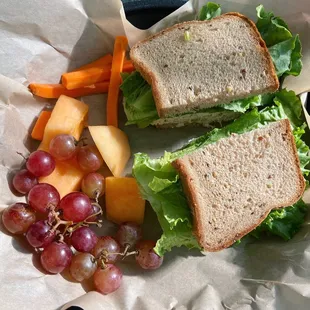 Tarragon Almond Chicken Salad Sandwich (DF) on Gluten Free (GF) Bread + side of seasonal fruit &amp; pickled carrots