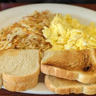 Eggs, hash browns and toast