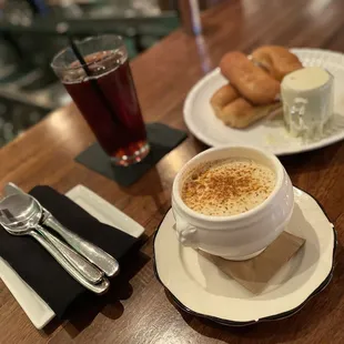 Cream of Crab Soup and Amish Soft Pretzels with beer-cheese fondue and iced tea