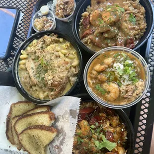 Filé Gumbo, Creole Chicken Pasta, Jambalaya, Voodoo Jambalaya, Angie&apos;s Bread Pudding (small taste from the amazing employee!!)