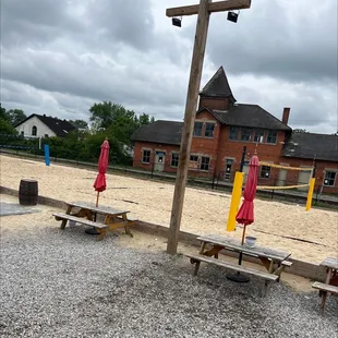 picnic tables and umbrellas