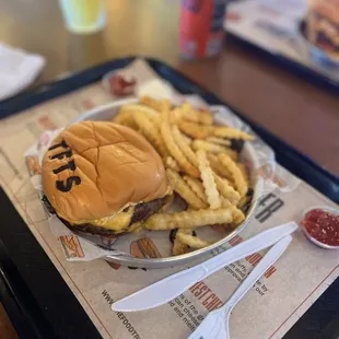 a hamburger and fries