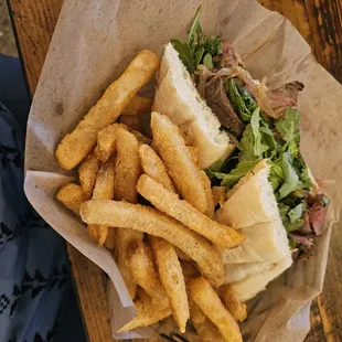 Steak sandwich with the best steak fries cooked medium rare