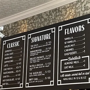 Coffee menu