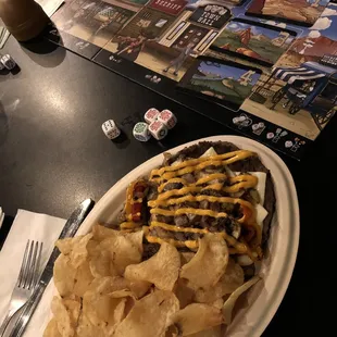 The bunless citadel (substitute kettle chips) with a side of board game!