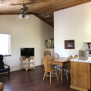 a kitchen and living room