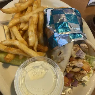 Chicken gyro, fries and ranch.
