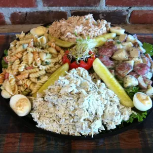 Salad Sampler Tray.  Chicken Salad, Tuna Salad, Pasta Salad, and Potato Salad