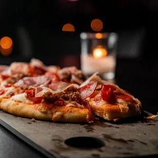 Flat Bread Pizza - &quot;The Italian&quot; features sliced pepperoni, italian sausage, prosciutto, fire roasted red peppers on a wood fired flat bread