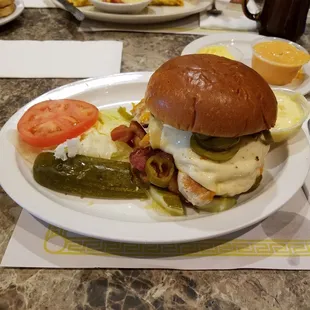 Monterrey Chicken sammy.  I added jalepenos.  Comes with cup o&apos; soup &amp; fries and you can pick your cheese.  Add dessert to any meal for $1.