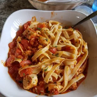 Chicken Pomodoro.  White meat, &apos;maters, EVOO, seasonings, et al.  Includes soup/salad, bread basket &amp; dessert.  I always get extra garlic.