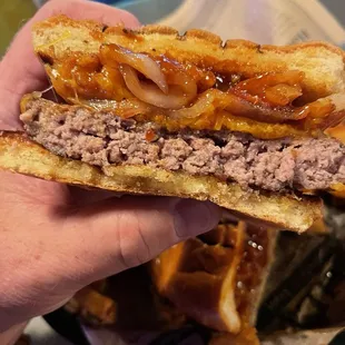 Half cut Western burger, bacon cheddar cheese, two onion rings